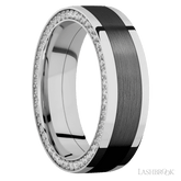 7 mm wide/Flat/14K White Gold band with  one 4 mm Centered inlay of Zirconium and featuring a Side Eternity arrangement of 01 carat Round Diamond stones in a Bead Channel setting